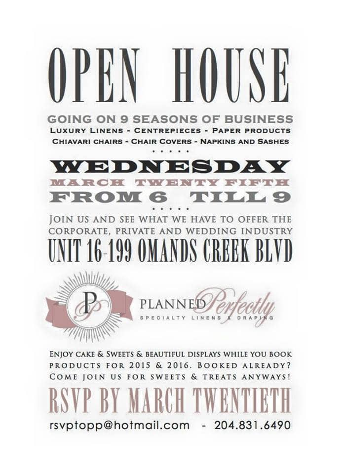 Open house event flyer promoting a wedding and events industry showcase in Winnipeg with details about date, time, location, and offerings.