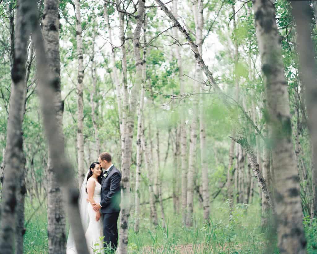 Wedding couple standing in a lush, green forest surrounded by tall, slender trees in a romantic moment.