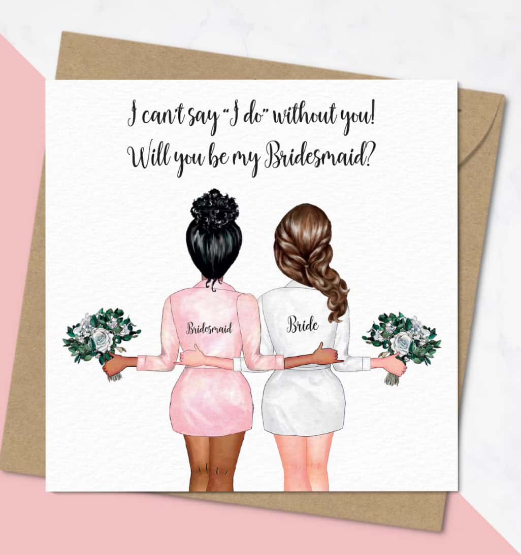 Beautiful illustrated bridesmaid and bride holding bouquets, with a heartfelt wedding proposal message, perfect for wedding invitations or celebration cards.