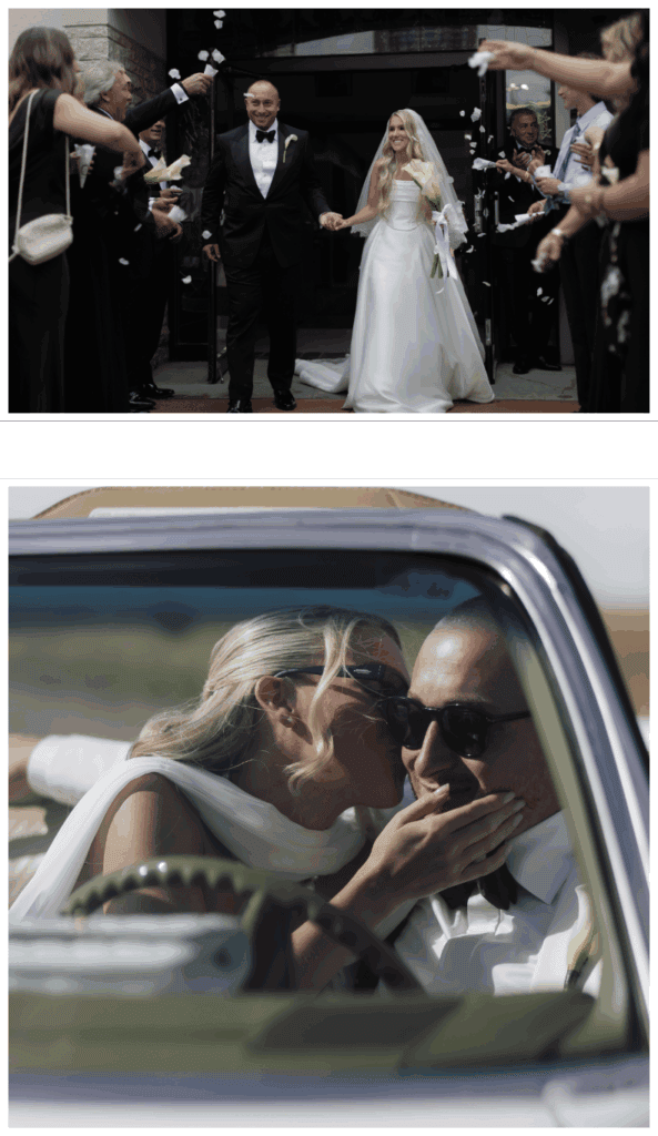Bride and groom exiting wedding venue smiling hand in hand wedding celebration Winnipeg wedding planner.