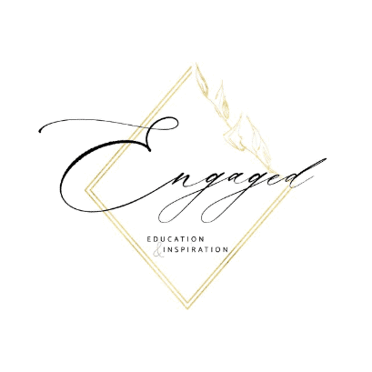 Elegant wedding or event logo featuring a gold geometric frame, mountain silhouette, and stylish script font with the word "Engaged" and the words "Education" and "Inspiration" underneath.