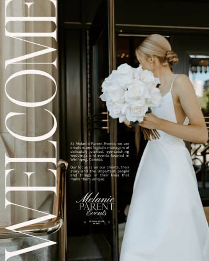 Bride holding a large bouquet of white roses at her wedding in Winnipeg, showcasing elegant wedding event planning by Melanie Parent Events.