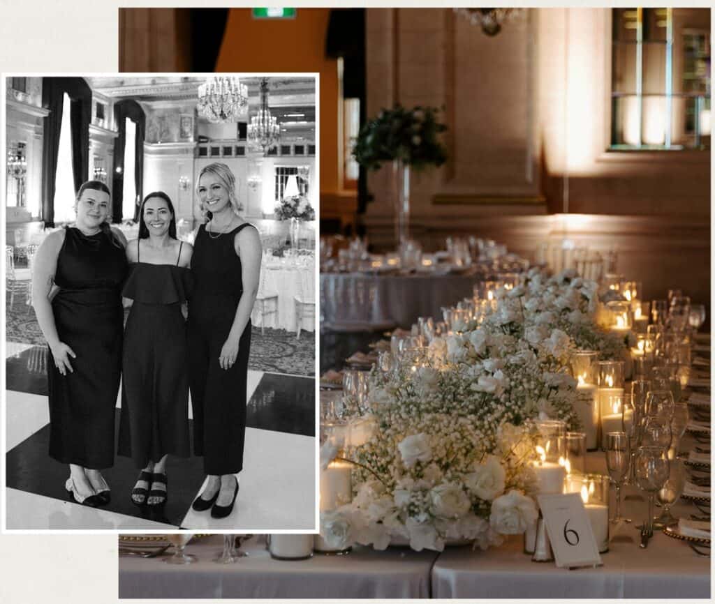 Elegant wedding reception table decorated with white flowers and candles in a luxurious venue in Winnipeg.